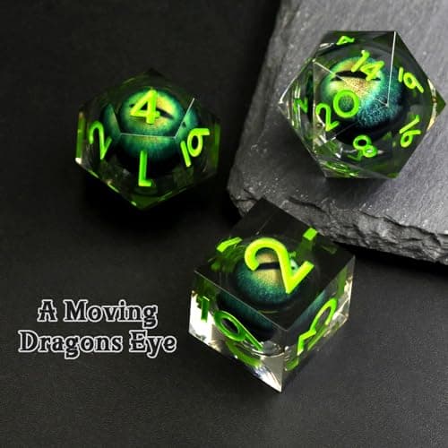 FONVGOGO Dés JDR Dés Jeu de Role pour Donjon et Dragon, Set de Dés JDR 7 Pièces Dés Œil de Dragon Mobile des Noyau Liquide Résine Polyédriques DND Dice Set (Vert)