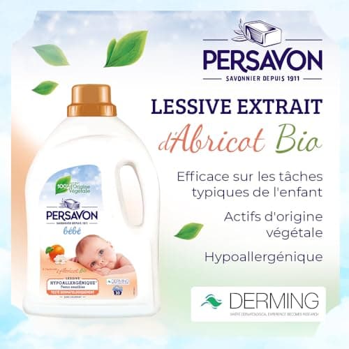 Persavon - Lessive Bébé, à l'Extrait d'Abricot BIO, Hypoallergénique, Peaux Sensibles, Sans Colorant, 33 Lavages - 1500 ml