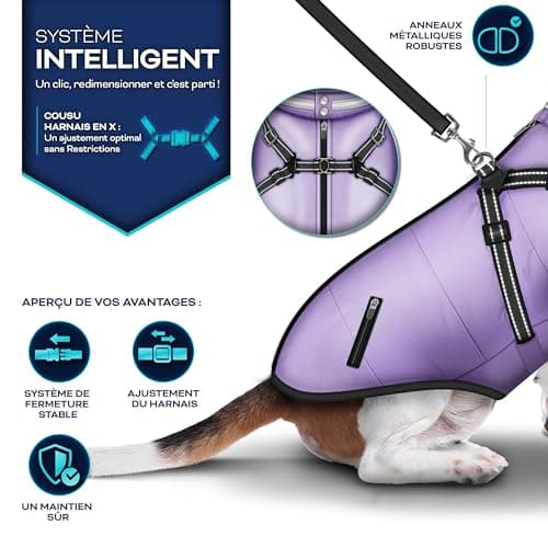 TRESKO® Manteau d'hiver pour Chiens avec réflecteurs INCL. 15 Sacs à crottes + Distributeur | Imperméable pour Chiens étanche | Manteau avec Harnais | Veste d'hiver doublée (L, Violet)
