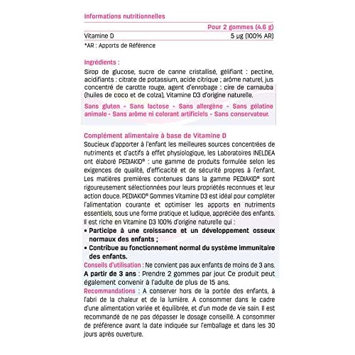 PEDIAKID - Gommes Vitamine D3 - Renforcement des défenses naturelles - Dès 3 ans - Couvre 100% des apports journaliers recommandés - 60 gommes