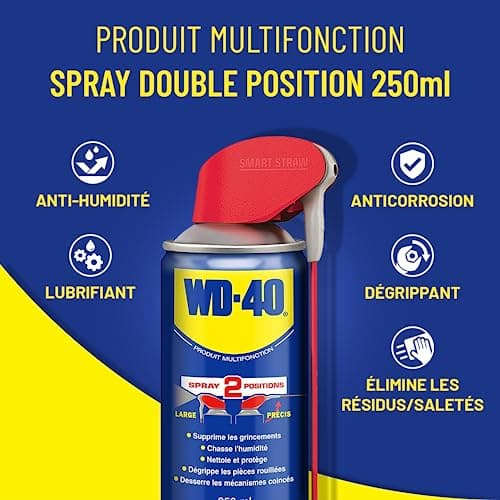WD-40 Produit Multifonction Spray Double Position Sans Silicone Non Conducteur Compatible Plastiques, Caoutchoucs, Tous Métaux 200 ML