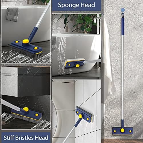 JEHONN Brosse de Nettoyage avec Manche Long, 3 en 1 pour Baignoire et Carrelage, Brosse à Récurer Amovible à Poils Rigides et Tête éponge pour Salle de Bain, Baignoire, Sol