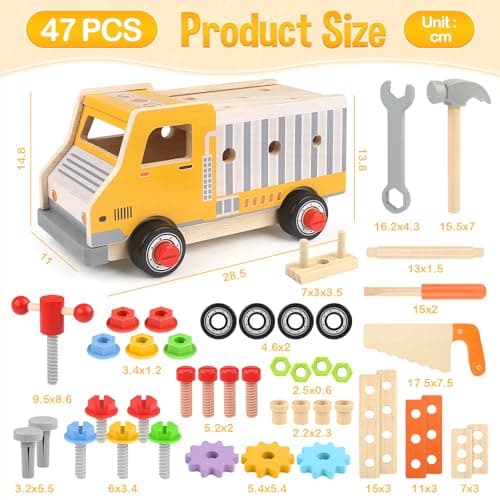 DINORUN Outils Enfant Jouet en Bois, Boite a Outils Enfant, Montessori Jeux, 47 Pièces Jeux avec Boîte à Outils, Cadeau Garcon Fille 3 4 5 6 Ans