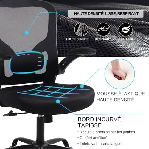 Youhauchair Chaise Bureau, Fauteuil de Bureau avec Accoudoirs Rabattables, Chaise de Bureau Ergonomique Confortable avec Soutien Lombaire, Noir