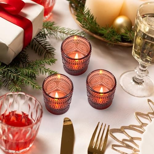 Winter Shore Bougeoir Verre Rond avec Bougies [Lot de 12] - Photophore Verre Ambré avec Design Floral Embossé - Photophore Mariage d'automne, Décoration de Table, Centres de Table Bohème