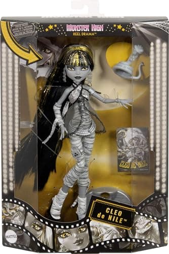 Monster High Poupée Drame au Cinéma Cleo De Nile, Reproduction en Noir et Blanc de Cleo De Nile à Collectionner avec Mini-Affiche de Film et Affiche de Film Grandeur Nature, JDR65