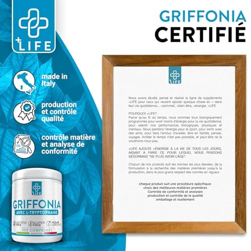 GRIFFONIA Tryptophane Forte Dose PiuLife® 200 Comprimés De 400mg, L tryptophane Précurseur De La Serotonine, Somnifere Puissant Pour Dormir Mieux Naturel, Bonne Humeur, Anti Anxiete et Stress