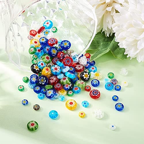 UR URLIFEHALL Lot de 140 perles en verre soufflé Millefiori rondes et plates - Motif floral - Perles d'espacement en vrac pour la fabrication de bijoux