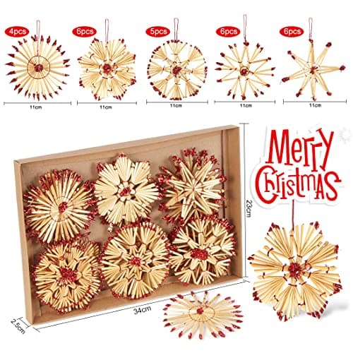 Bluelves Decoration Sapin Noel, 27pcs Decoration Sapin en Paille, Ornement d'arbre de Noël Paille, Pendentif Arbre de Noël Paille, Naturelle Suspension en Paille pour Deco Sapin Noël