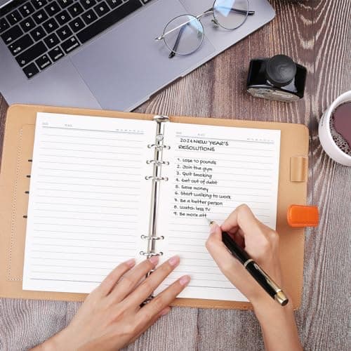 Minlna Carnet en cuir format A5 Rechargeable avec des feuilles volantes 200 pages épaisses Doublure classique avec poche et porte-stylos (Orange)