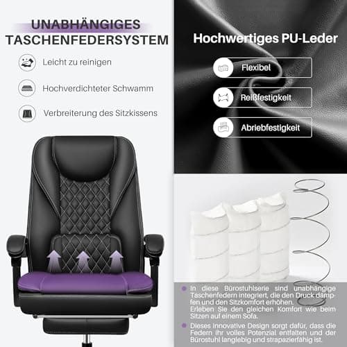 DoChair Chaise Bureau en Cuir Ergonomique Jusqu'à 140° avec Repose-Pieds Appui-tête Fonction Bascule Chaise Pivotante, Noir Mat