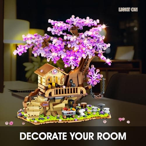 Jouet de construction pour la maison de l'arbre des cerisiers en fleurs avec lumière LED, 880pcs Bonsaï de fleurs de cerisier Jeu de construction de maison en fleurs pour les enfants de 6 à 12 ans