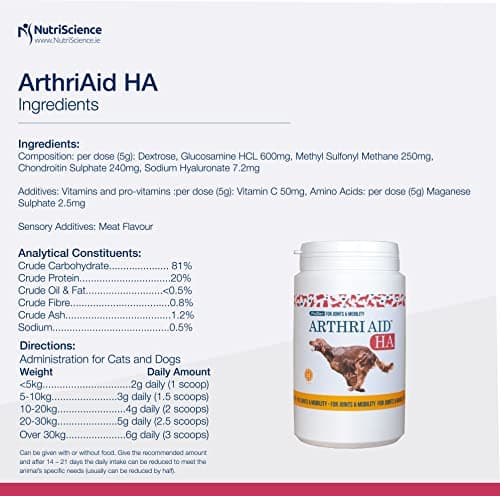 Arthriaid - Poudre d'Acide Hyaluronique Ha - 400 G - pour Chiens et Chats - Complément Alimentaire pour les Articulations et la Mobilité