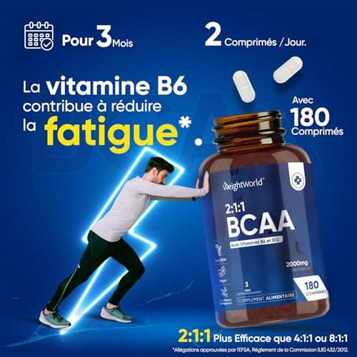 BCAA 2000 mg Protéines Musculation Pre Workout & Post Workout 2:1:1-180 Comprimés Vegan - Acides Aminés, L-Leucine, L-Isoleucine, L-Valine + Vitamine B6 & B12 - Énergie, Metabolisme - Pour Sportifs