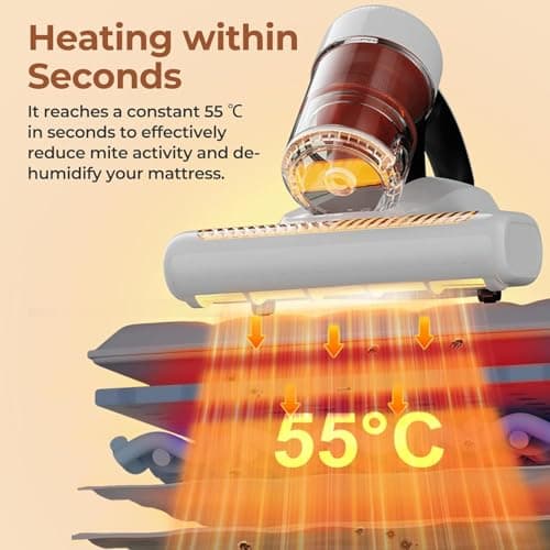 JIGOO J200 Aspirateur Matelas Anti Acariens, Aspirateur Matelas à Main 500W avec lumière UV-C et ultrasons, Élimine 99% des allergènes, Chauffage Fonction, pour Matelas, Canapés, Textiles, Lit