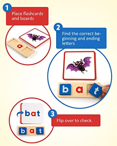Coogam Voyelle Courte en Bois Lecture Lettres Tri Jeux d'orthographe, Mots à Vue Flashcards Alphabet Puzzle Montessori Jouet Éducatif Cadeau pour Enfants 3 4 5 Ans
