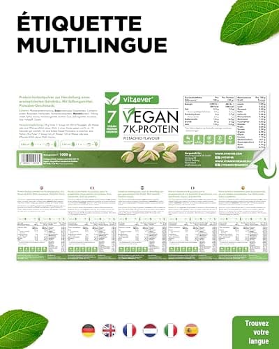 Vegan 7K Protein - 1kg - Pistache - Poudre de protéine purement végétale avec des protéines de riz, d'amande, de soja, de pois, de chanvre, de cranberry et de tournesol.