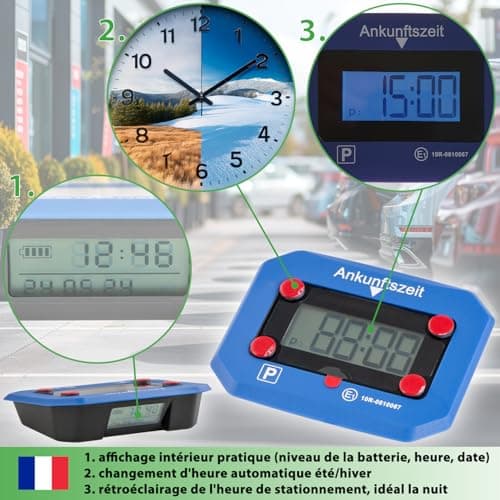 fouraces Disque de stationnement électronique - Automatique, Heure d'été et d'hiver - indicateur de Batterie, Homologation, Batterie de Rechange, pour Voiture, Bleue, Bleu