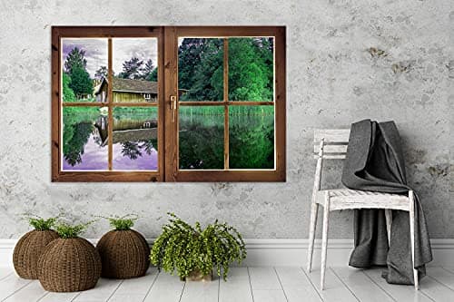 Feeby Impression sur Toile Intissee Maison Au Bord du Lac Forêt 120x80 cm Tableau Moderne Tableau Photo Chambre à Coucher Fenêtre Fermée Effet 3D Vert