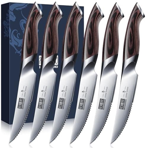 HOSHANHO Couteaux à Steak 6 Pièces, Ultra Tranchants Ensemble de Couteaux à Steak Dentelés 11,5 cm, Couverts à Steak de Cuisine Japonais AUS-10 en Acier à Haute Teneur en Carbone avec Poignée Ergonomi