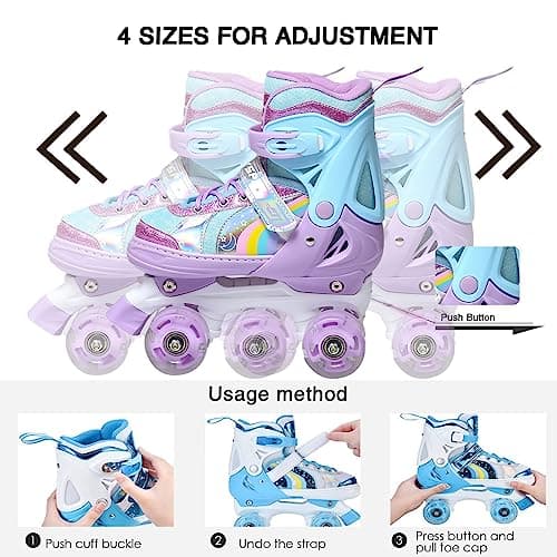OLYSPM Patins à roulettes pour Enfants, 8 Roues Lumineuses et 4 Tailles réglables, Patins à Quatre Roues avec Sac de Rangement, Patins à roulettes à Double rangée pour Filles, garçons et débutants