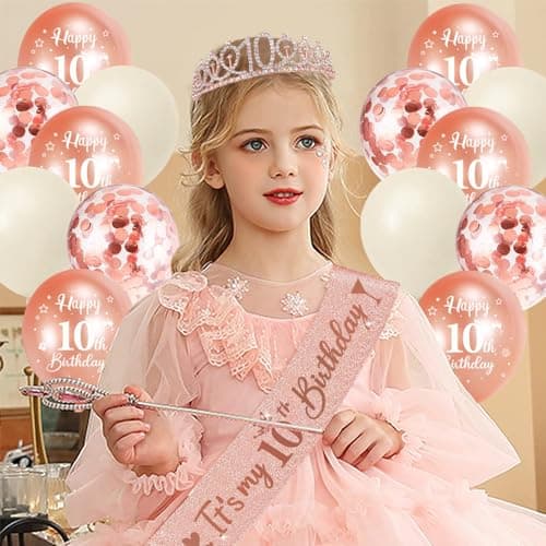 10 Ans Fille, Écharpe Couronne Anniversaire, Ballon Chiffre 10 Or Rose, Bougies, Gâteau Topper Happy Birthday, Cadeau 10e