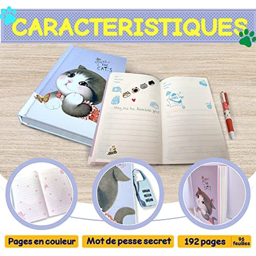N NUEVAS IDEAS Journal secret fille avec code - Set papeterie fille - Mignon chaton - Papeterie mignonne - Papeterie Kawaii - Journal secret fille - Cadeau fille - Nombreux accessoires (VIOLET)