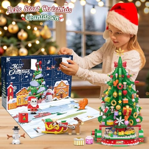 HOGOKIDS Calendrier de l'Avent 2024 Mini-arbre de Noël rotatif avec lumière LED, compte à rebours de Noël de 24 jours, blocs de construction, cadeau de Noël pour adultes et enfants de 8 ans et plus