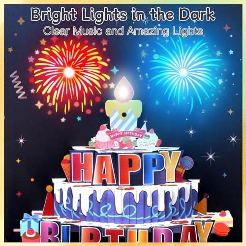 Carte d'Anniversaire avec Musique & Lumières, Blowable Carte Pop Up Anniversaire, Carte Anniversaire 3D Feux d'Artifice, Carte d'anniversaire avec Enveloppe pour Famille Amis