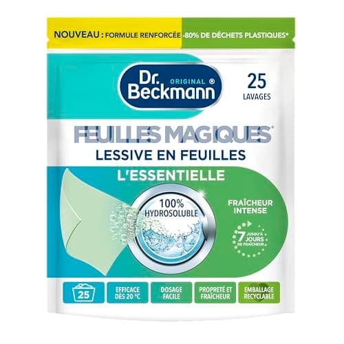 Dr. Beckmann FEUILLES MAGIQUES Lessive en feuilles L'ESSENTIELLE | Format pré-dosé, pratique et léger | 100% hydrosoluble, facile à utiliser et ranger | 25 feuilles, Bergamote