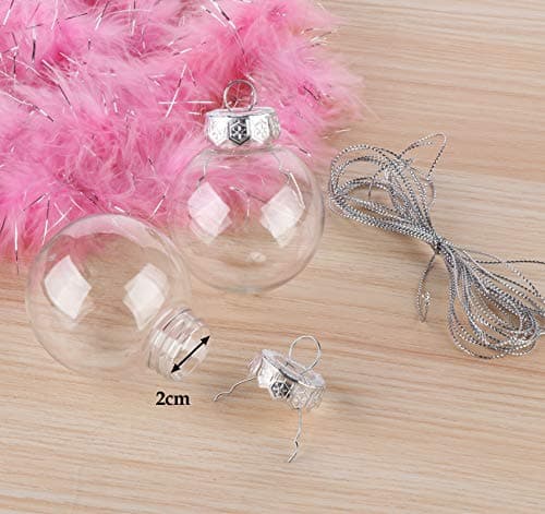 ilauke 20 Boule Transparente Remplissable Bricolage,Boules de Noël en Plastique Transparent à Remplir avec 4m Plume Rose+4m Corde,Boules de Sapin de Noël Ornements pour Fête de Mariage Décoration(6cm)
