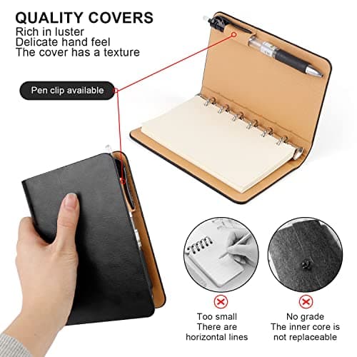 LERANXIN Petit Carnet, Cahier de Poche A7, Mini Classeur 6 Anneaux, Confortable à Tenir Cahier Page Blanche, Bloc Notes à Feuilles Mobiles avec Papier Rechargeable