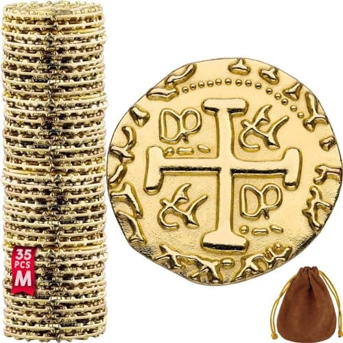 Pièces d'or Pirate en Métal - 35 Pieces Or Coffre Pirate Trésor, Répliques de Doublons Espagnols en Métal pour Les Jeux De Société, Les Jetons, Le Cosplay, Coffre Tresor de Jouet Pirate - M Taille