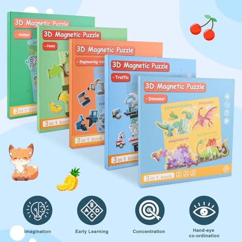ASTARON Puzzle magnétique avec 60 Autocollants gonflés pour Tout-Petits, 41 pièces Puzzles pour Tout-Petits éducation préscolaire Apprentissage Jouets de Voyage Voiture Avion activités