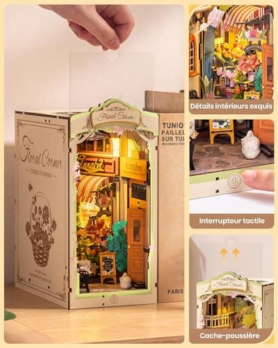 ROBOTIME Book Nook Coin Floral avec Lumières LED, Booknook Maison Miniature a Construire, Nook Book Kit Bibliothèque, Cadeaux pour Adultes et Enfants