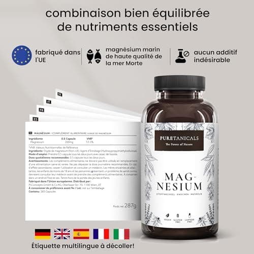 Magnésium Marin 400mg Gelules - 365 Capsules Pack familial | Premium Élémentaire (Pur) Magnesium Fortement & Haute Dose Testé en Laboratoire - Sans Stéarate, Végétalien