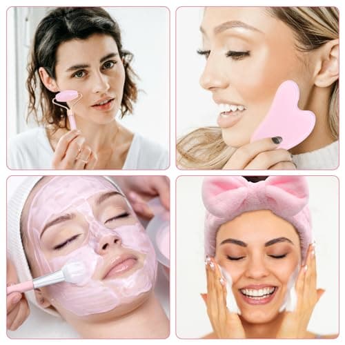VEGCOO Quartz Rose Rouleau Gua Sha Kits, Jade Roller Visage et Pierre de Guasha, Massage pour Visage Cou Corps Muscles