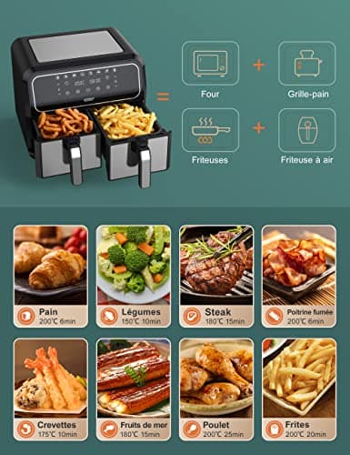 Innsky Friteuse Sans Huile Dual Zone, 8L Air Fryer avec 8 Programmes, Friteuse à Air XXL avec Double Panier, Airfryer Écran Tactile LED, Recettes Françaises
