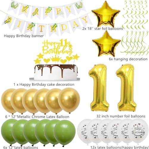 Vert Or ballons 11 ans anniversaire fille garcon décoration anniversaire 11 ans fille ballon, or vert ballon décoration 11 ans fille anniversaire ballon décoration gâteau 11 ans anniversaire