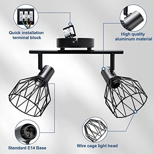 KYOTECH Plafonnier LED 2 Spots Pivotants & Orientables Rétro en Métal Noir Cage Spots de plafond Applique murale Noir Douille E14,Spot pour Cuisine Chambre Coucher,livré sans ampoules