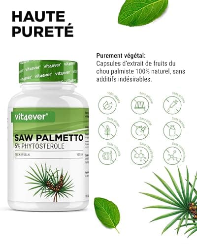 Extrait de palmier nain - 180 capsules avec 500 mg d'extrait réel - Premium : 5% de phytostérols = 25 mg - Extrait de palmier nain à haute dose - Vegan