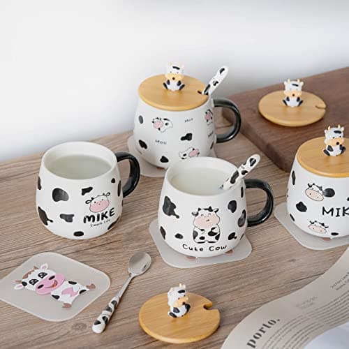 SHENDONG Tasse à café en forme de vache mignonne avec joli couvercle, dessous de verre et cuillère kawaii - Cadeau d'anniversaire pour femme, amoureux des vaches, filles et enfants