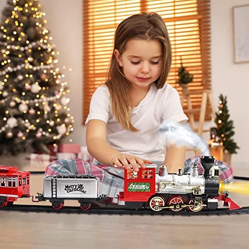 deAO Ensemble de Train Jouet pour Enfants avec phares, Effet de fumée, 4 Wagons et Rails pour NoëlChristmas Theme Classic Trainset - Superbe Accessoire pour Enfants et décoration de Noël