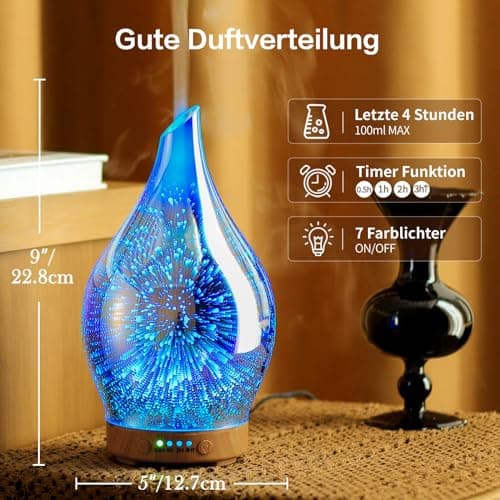 Porseme Aroma Diffuser Luftbefeuchter 100ml,Handgeblasen 3D Luftbefeuchter Ultraschall Leise 7 farbwechselnde LEDs Raumbefeuchter BPA Frei für Wohnung Yoga Spa mit Timer (Silver)
