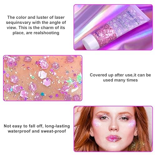 6 Pièces Paillettes Visage Festival - Gel Paillettes Visage Glitter - Paillette Cheveux, Paillettes Corps pour Maquillage Festival Fête Noël Pâques, Maquillage de Théâtre, Carnaval