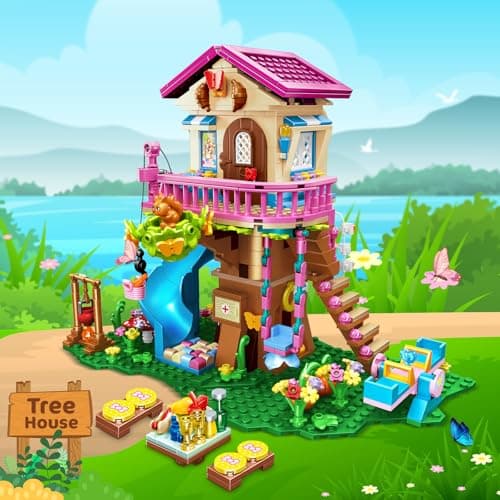CUBIMANA Jouets de Construction de cabane dans Les Arbres avec lumière LED - 618 pièces Ensemble de Construction de Maison à 3 étages, Cadeaux de Noël pour Enfants Filles garçons