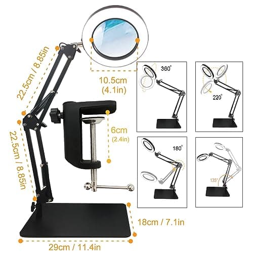 Loupe avec lumière, Lampe de bureau Led 10X avec pince et base 5 modes de couleur 10 niveaux de gradation Lampe à pince pour seniors Aide à la lecture Lampe de travail bricolagenn Loupe de lecture