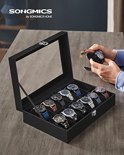 SONGMICS Boîte à Montres à 12 Emplacements, Coffret à Montres, Écrin, avec Couvercle en Verre, Coussinets Amovibles, Serrure en Métal, Revêtement en Noir et Doublure en Noir JWB12B