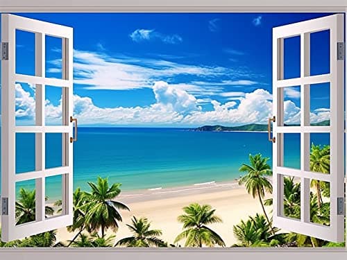 Bimkole 5D Diamond Painting DIY Kits Plage, Fenêtre Mer Arbre Bleu Ciel Broderie Diamant Kits De Broderie Au Point De Croix Strass Rond Résine Peinture Décor à La Maison, (30x40 cm)