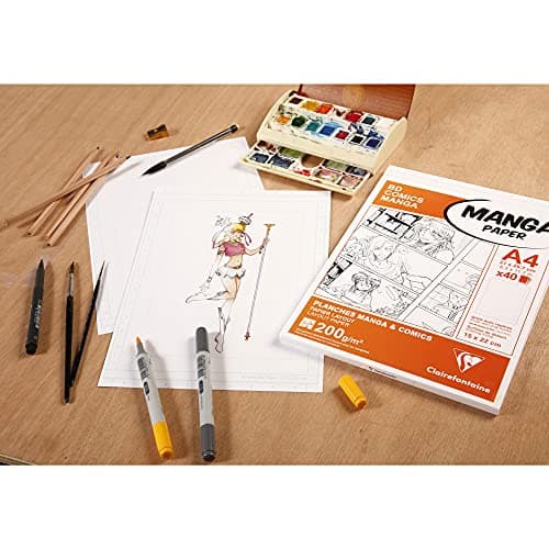 Clairefontaine 94045C Étui Manga et Multi-techniques - 40 Feuilles Papier Dessin Blanc Lisse A4 21x29,7 cm 200g - Papier imprimé avec une Graduation Simple - Idéal pour le Dessin au Feutre à Alcool